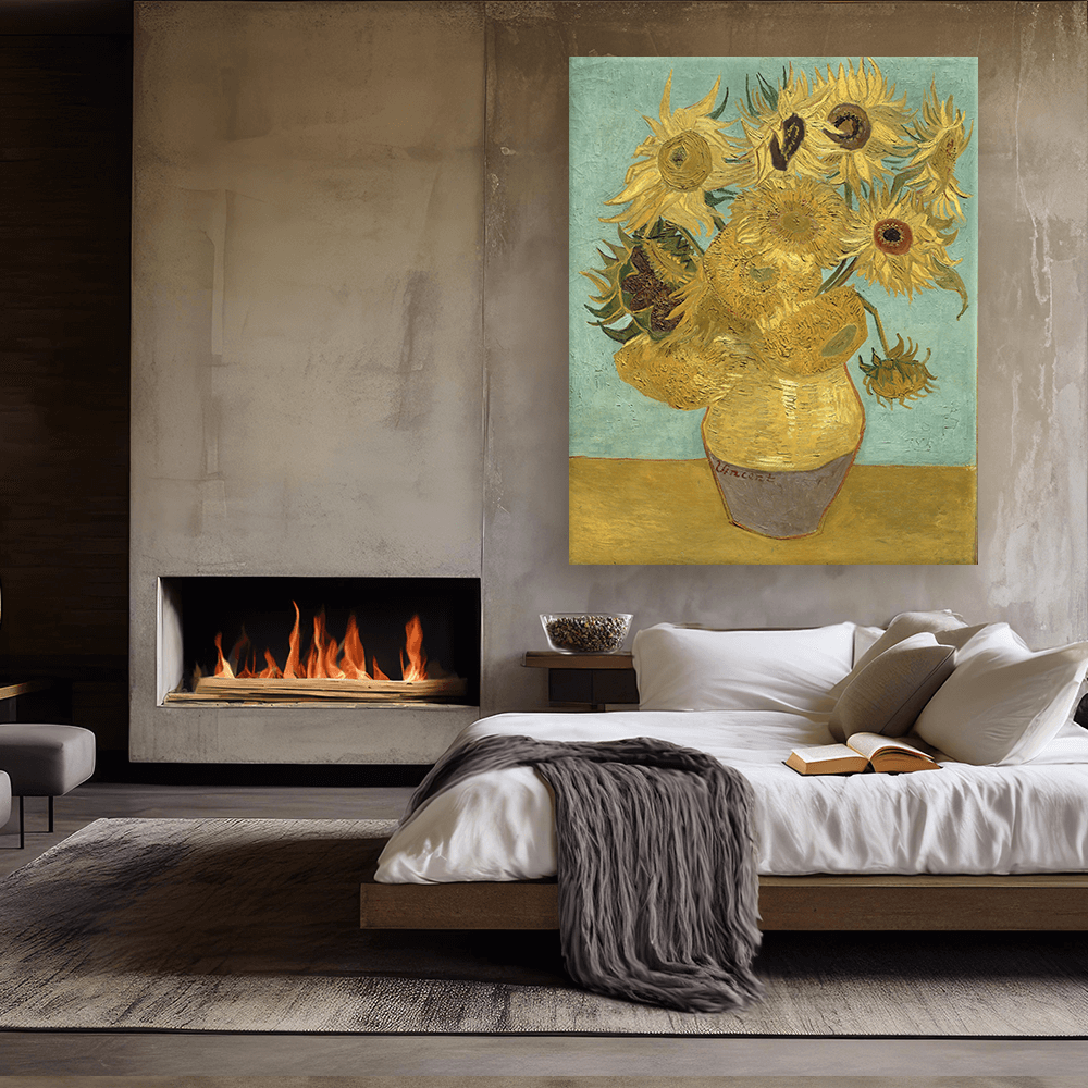 Leinwandbild - Vincent van Gogh - Zwölf Sonnenblumen in einer Vase mit grünem Hintergrund