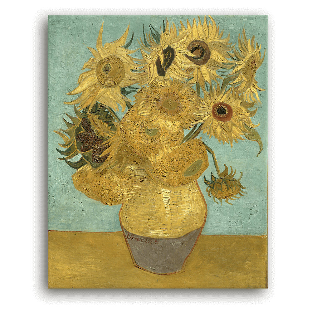 Leinwandbild - Vincent van Gogh - Zwölf Sonnenblumen in einer Vase mit grünem Hintergrund