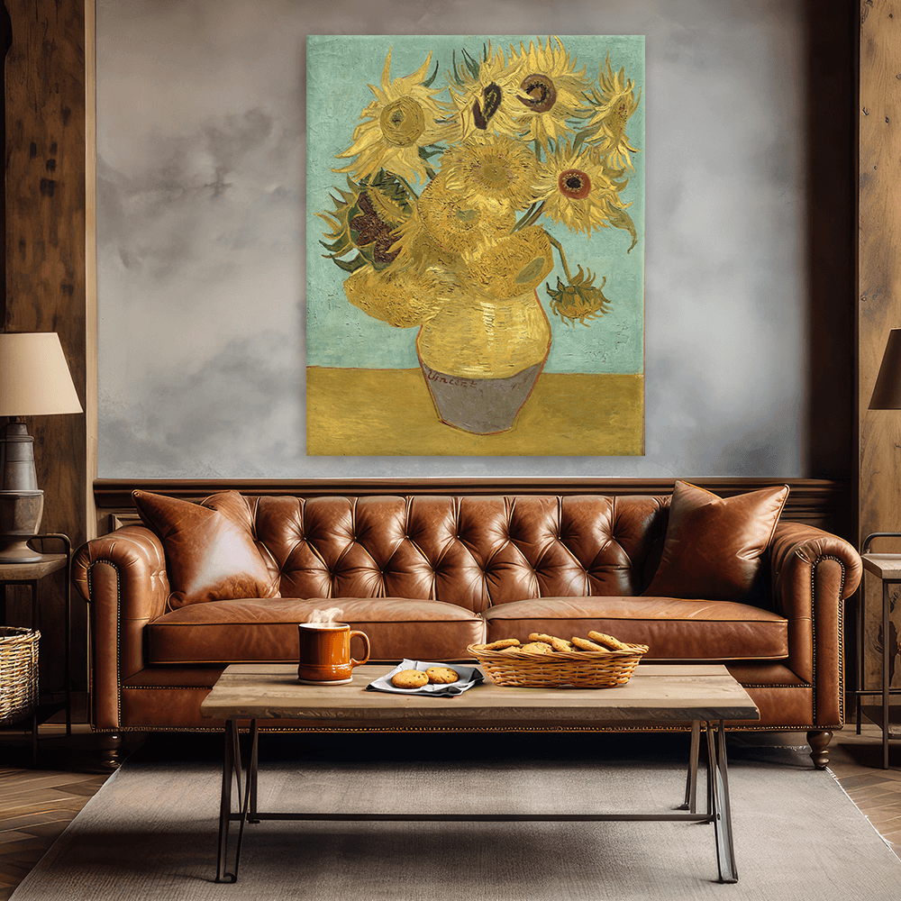 Leinwandbild - Vincent van Gogh - Zwölf Sonnenblumen in einer Vase mit grünem Hintergrund
