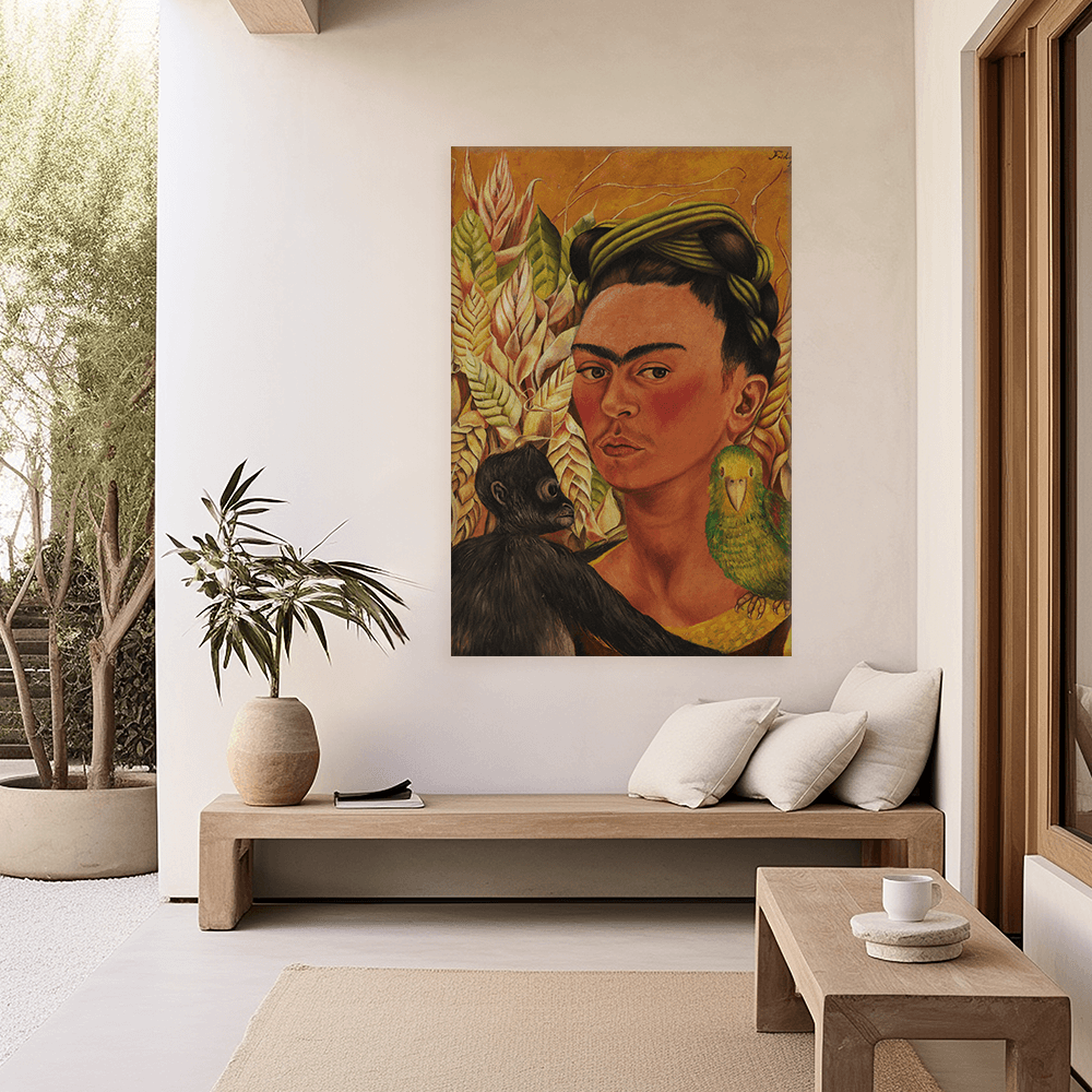 Leinwandbild - Frida Kahlo - Autorretrato con chango y loro