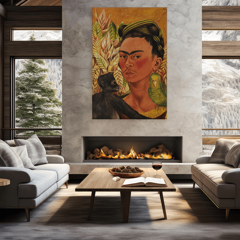 Leinwandbild - Frida Kahlo - Autorretrato con chango y loro