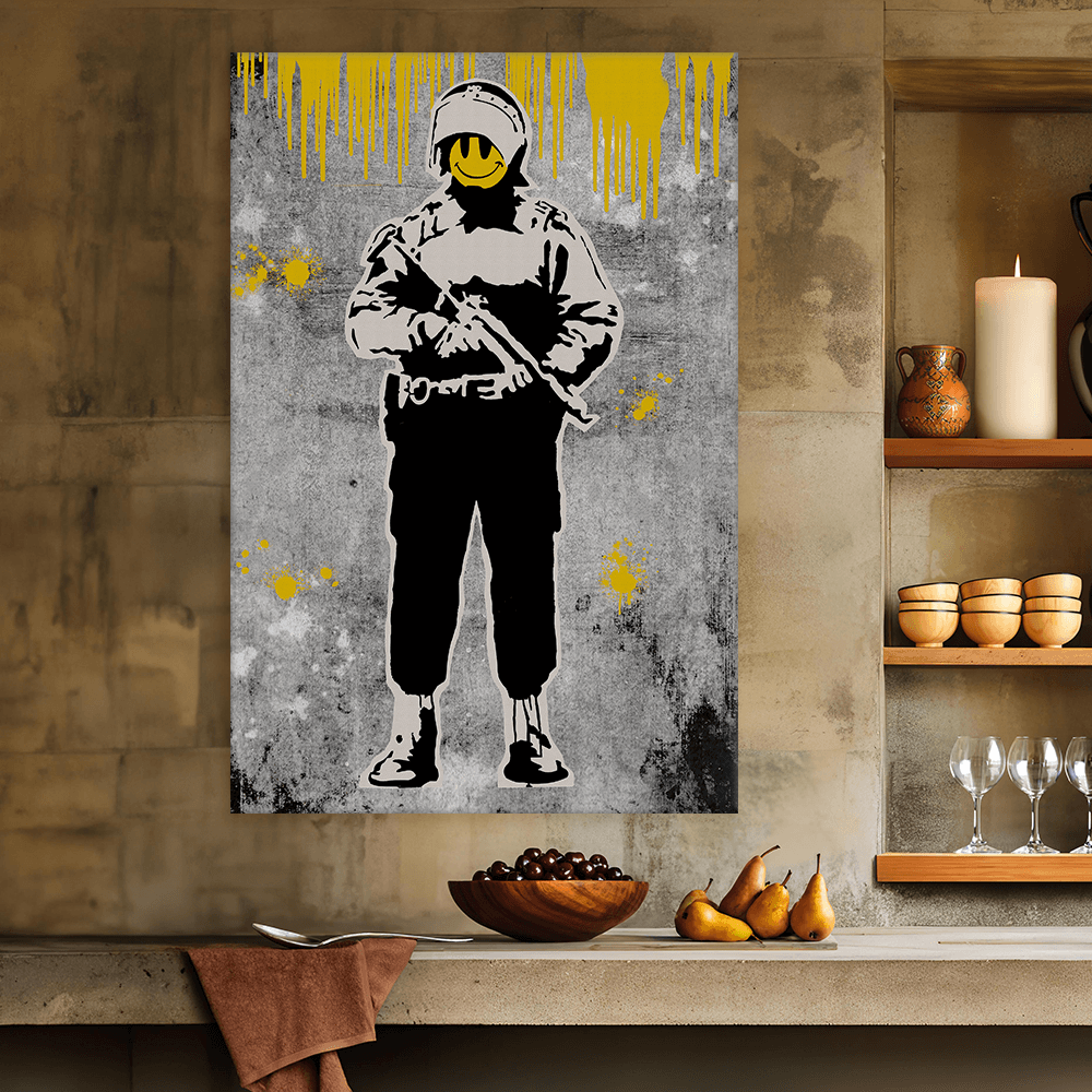 Leinwandbild - Flying Cooper - Smiley Soldier - Banksy inspired