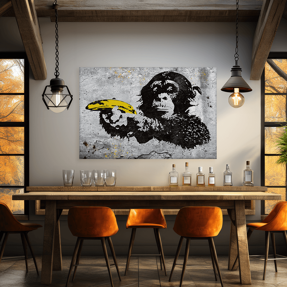 Leinwandbild - Monkey with banana gun - Banksy inspired