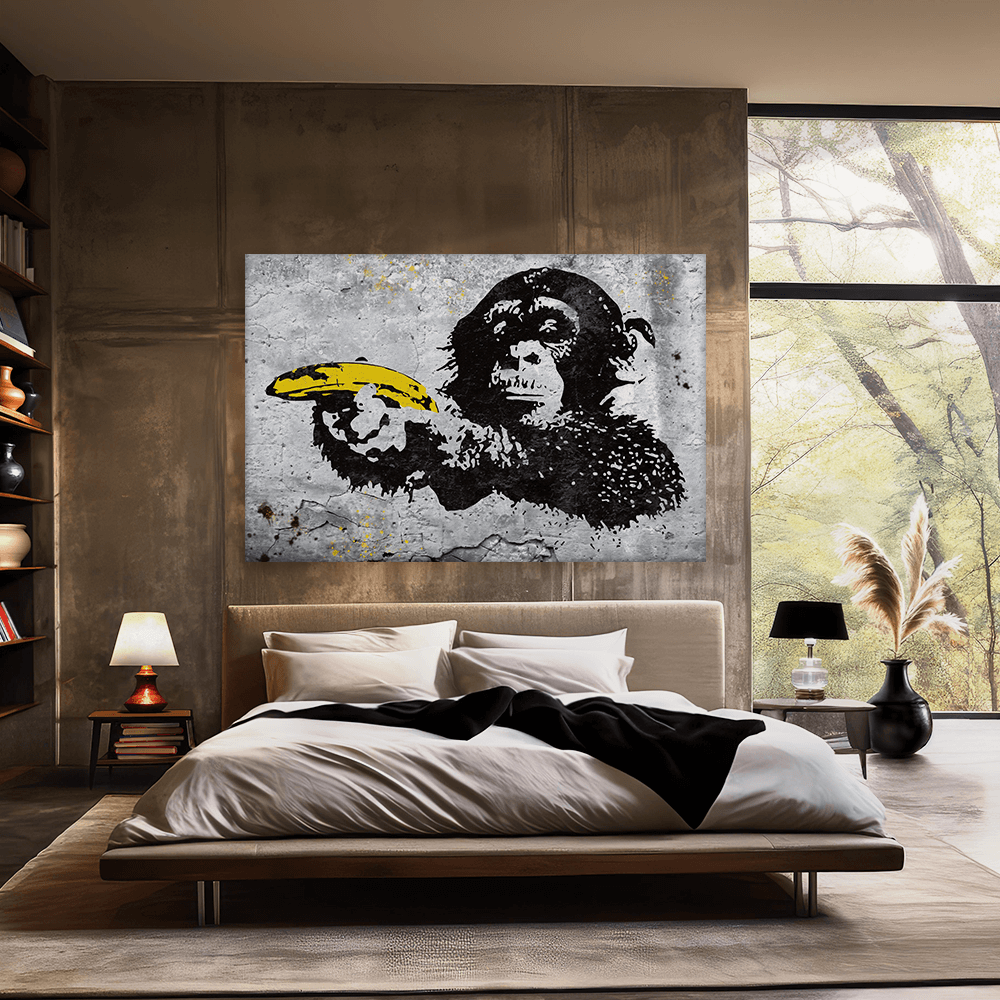 Leinwandbild - Monkey with banana gun - Banksy inspired