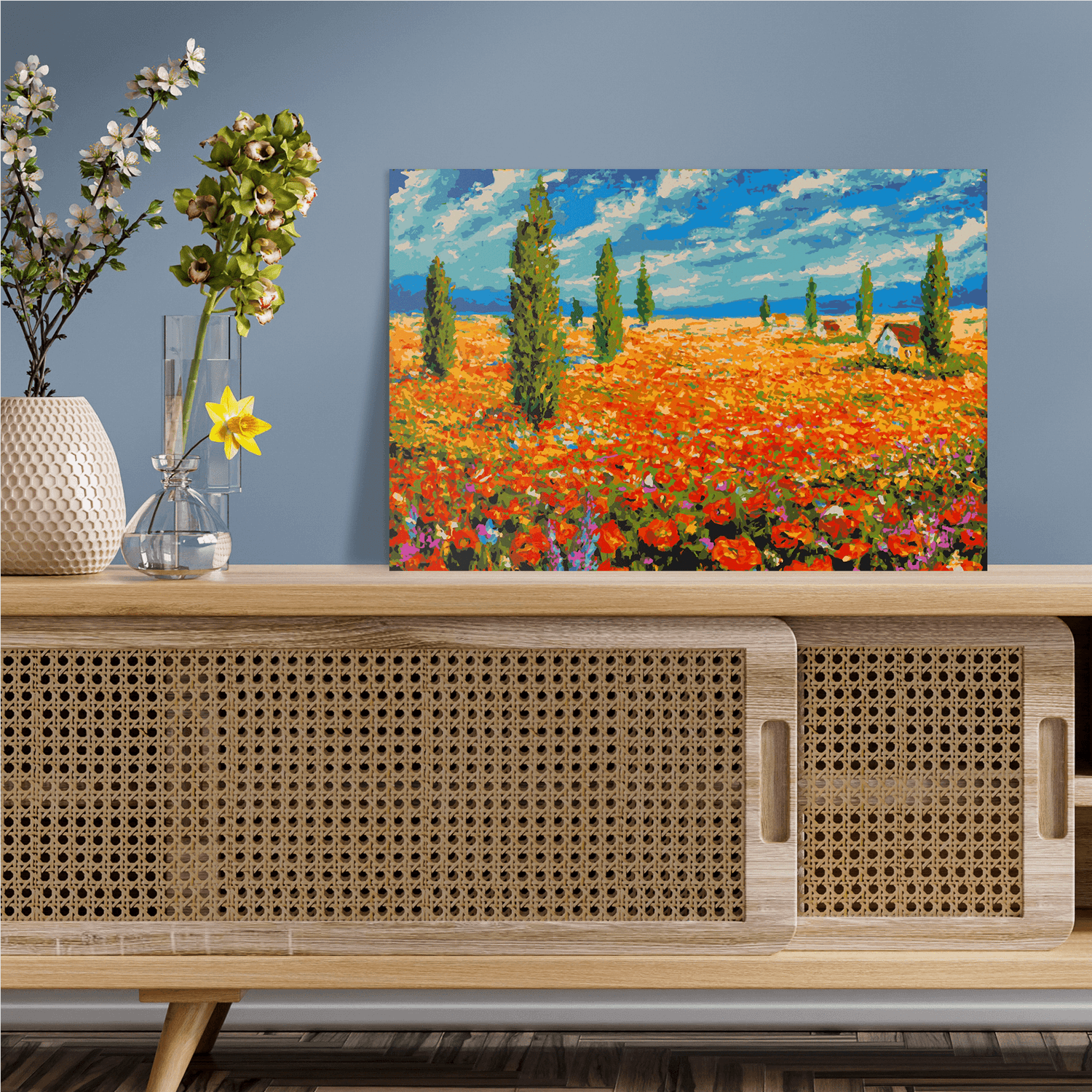 Malen nach Zahlen - Blumen Landschaft mit Zypressen