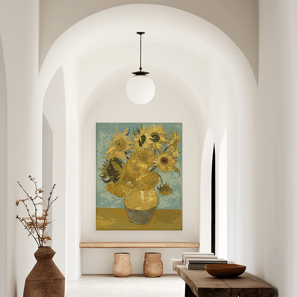 Malen nach Zahlen - Zwölf Sonnenblumen in einer Vase mit grünem Hintergrund - Vincent van Gogh