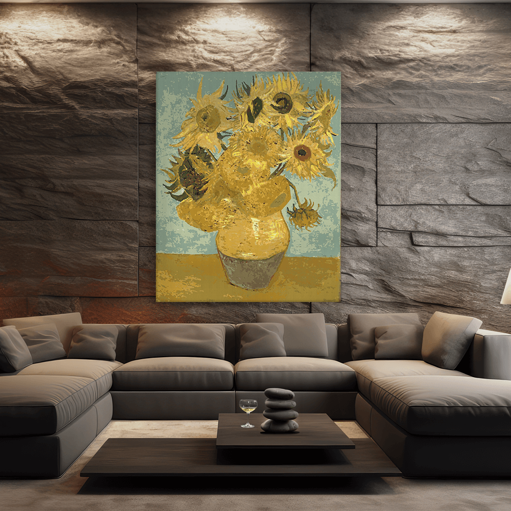 Malen nach Zahlen - Vincent van Gogh - Zwölf Sonnenblumen in einer Vase mit grünem Hintergrund