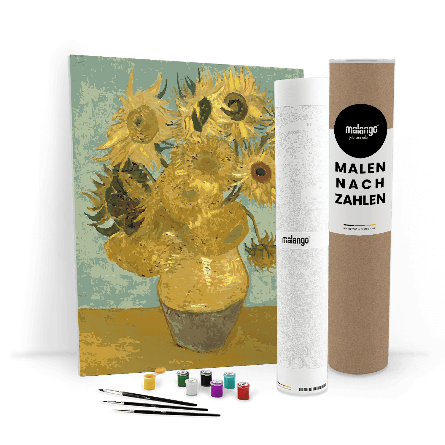 Malen nach Zahlen - Vincent van Gogh - Zwölf Sonnenblumen in einer Vase mit grünem Hintergrund