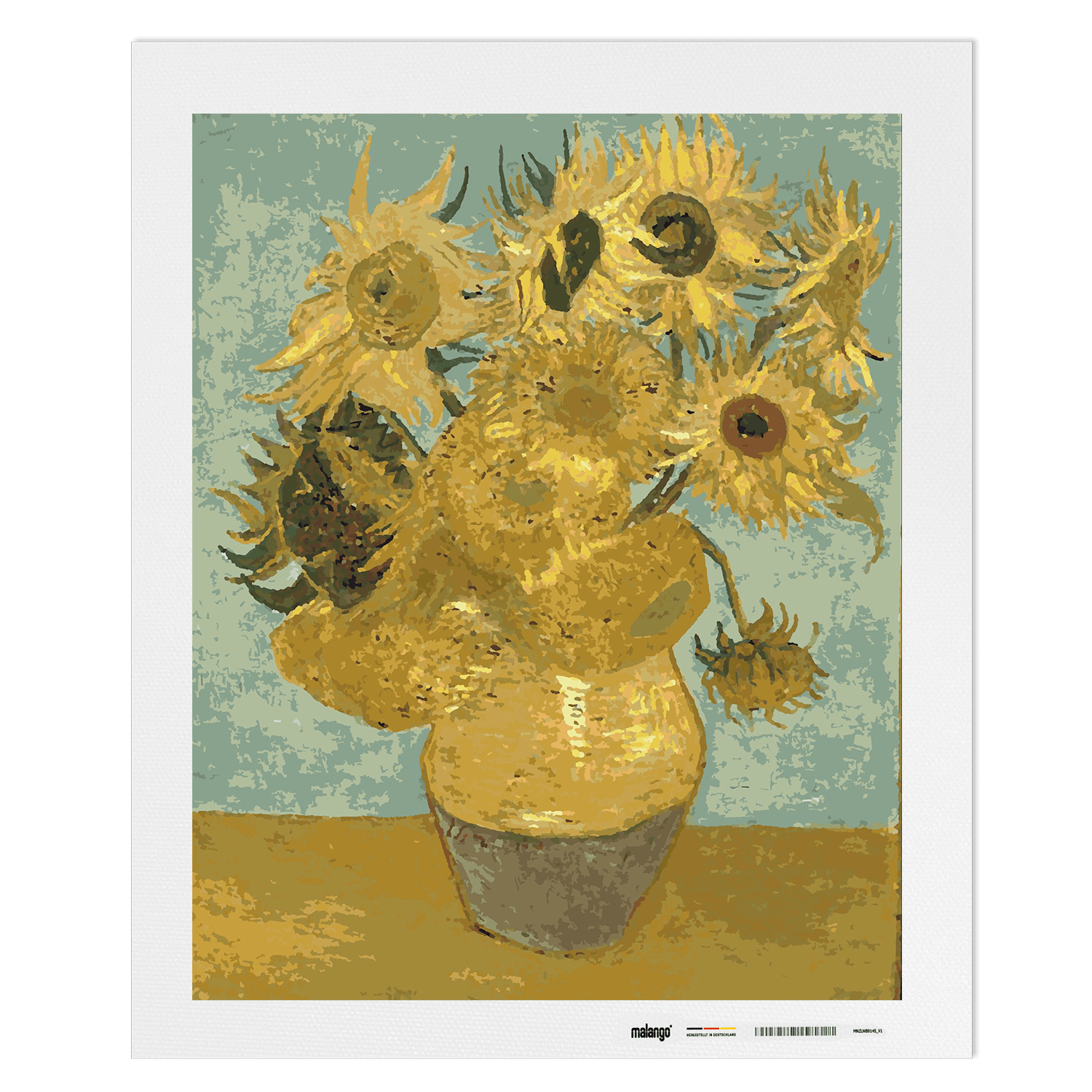 Malen nach Zahlen - Vincent van Gogh - Zwölf Sonnenblumen in einer Vase mit grünem Hintergrund